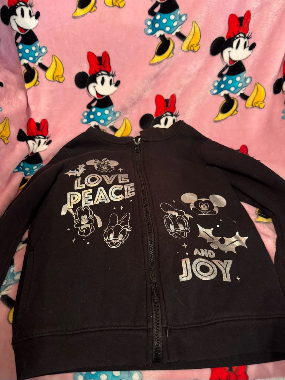 Kids Black Disney 'Love Peace and Joy' Zip-Up Hoodie with Pom Size 7 C4